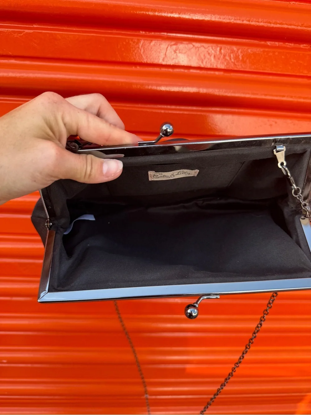 Betsey & Liza Black Evening Clutch Purse Chain Strap Kiss Lock Formal Bag
